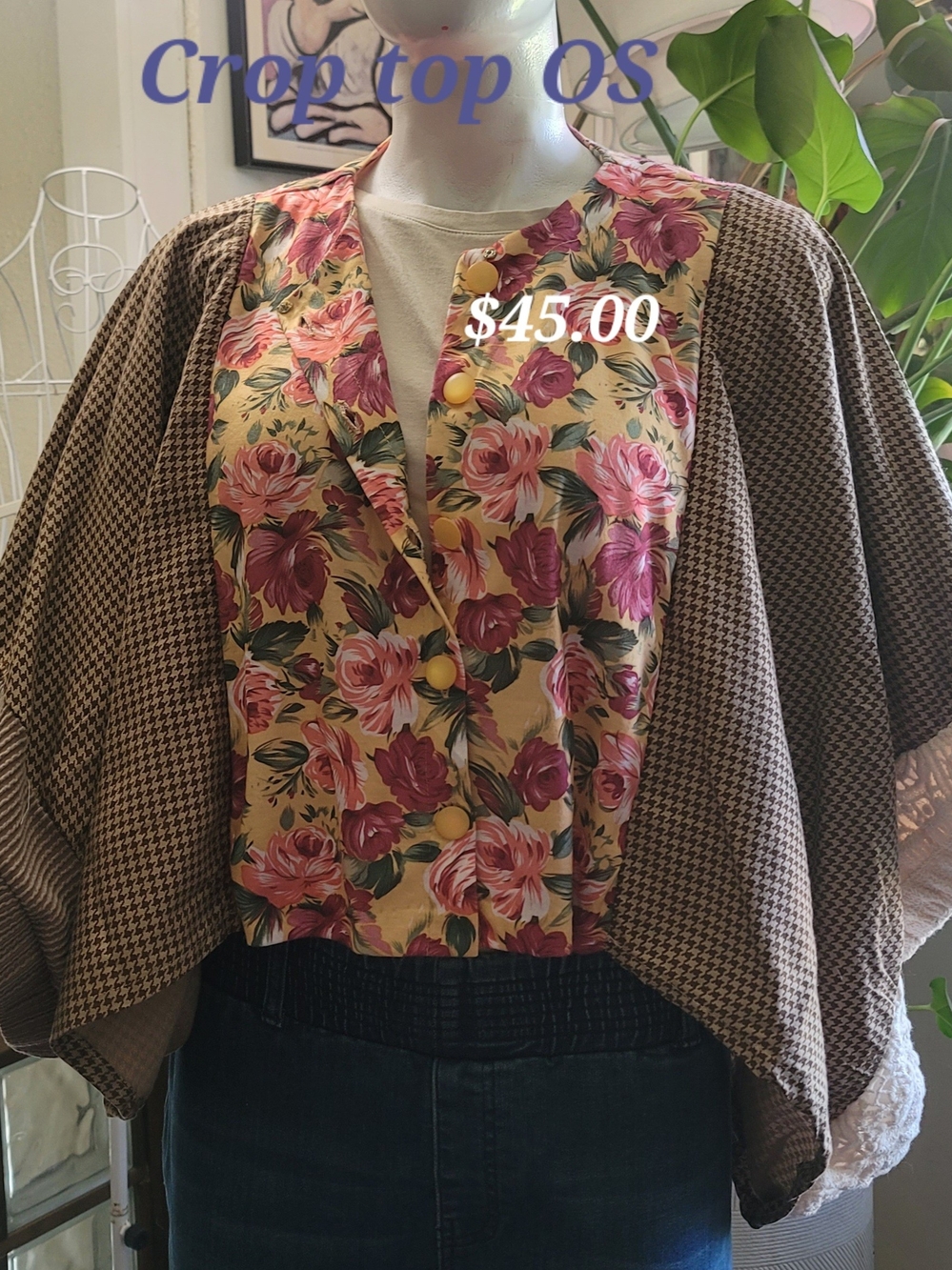 THE MORGAN FACTORY - OOAK Floral Button-Front Crop Top in Yellow and Pink